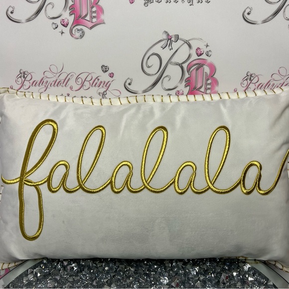 Falalala pillow Christmas decor white gold shimmer embroidered XMAS holidays - Picture 8 of 8